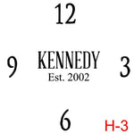 (H-3) Numbers 12, 3, 6, 9 insert Last name in caps with est date