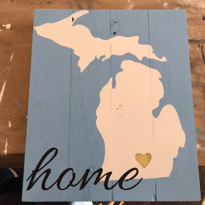 State of Michigan with heart and cursive home 14x17