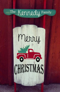 Sled - Merry Christmas with truck and last name on top