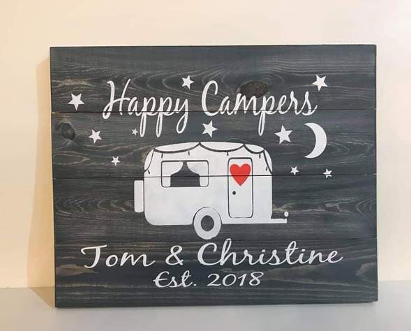 Happy Campers couples name and est date 14x17