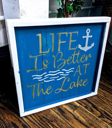 Life is better at the lake with waves and anchor 14X14