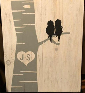 Tree with birds-couples initials in tree 14x17