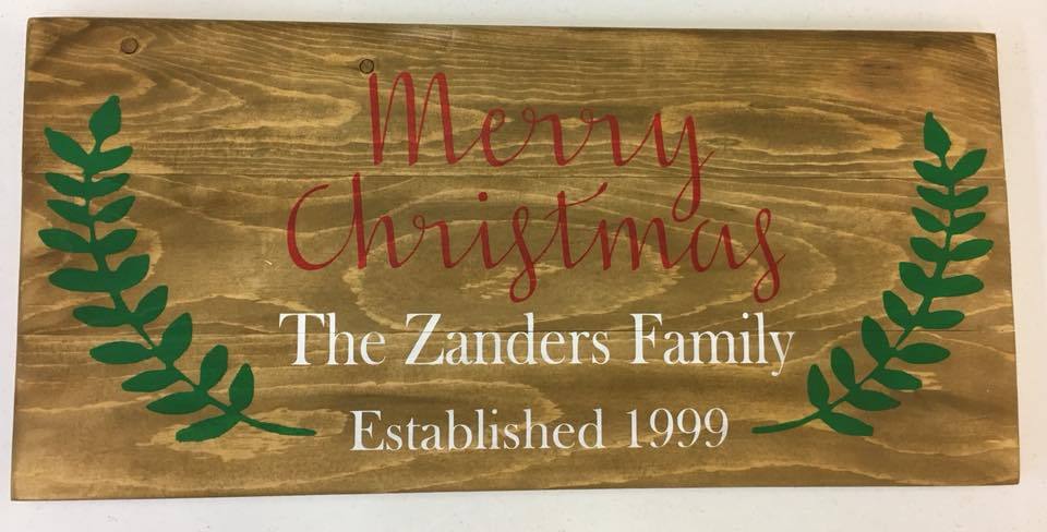 Merry Christmas Family name EST with leaves 10.5x30