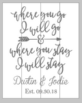 Where you go I will go Couples name and date 14x17