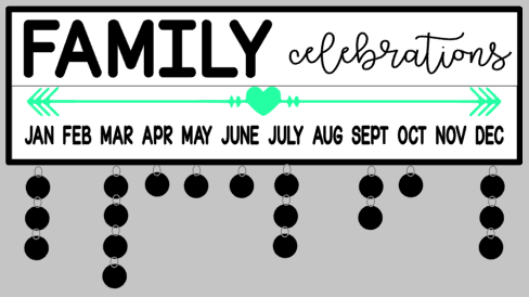 Celebration- Family celebrations with heart arrow 7x24 w/frame & tags