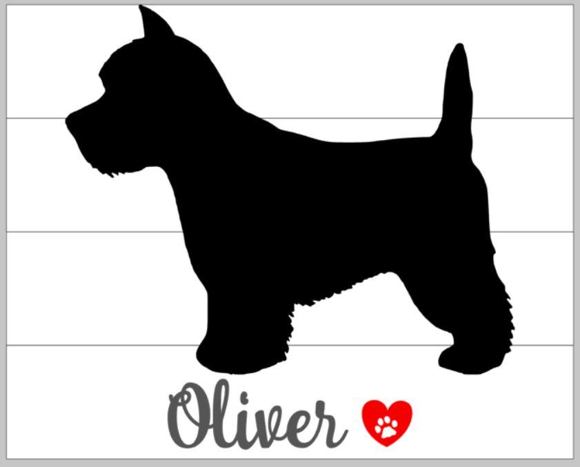 dog silhouette with name and heart 14x17