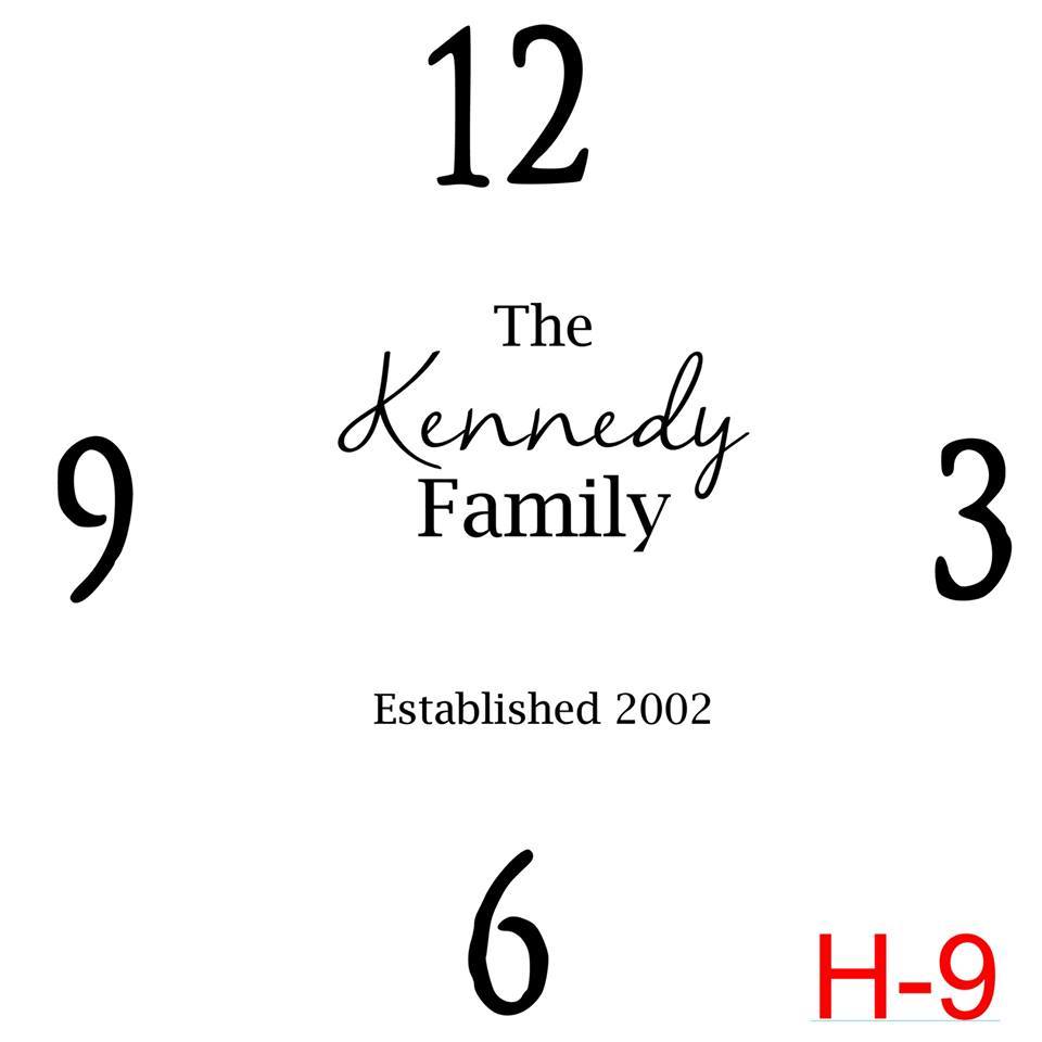 (H-9) Numbers 12, 3, 6, 9 insert The Kennedy family est date (cursive last name)