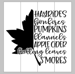 hayrides bonfires pumpkins-half leaf 14x14